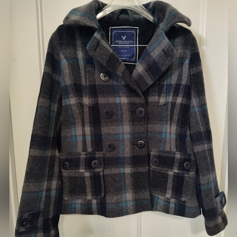 American Eagle Outfitters Gray and Blue Peacoat
